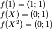 f(1)=(1;1)
 \\ f(X)=(0;1)
 \\ f(X^2)=(0;1)